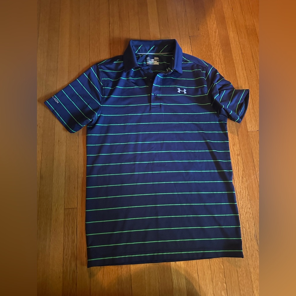 Under Armour Blue & Green Stripes Golf Polo Shirt, Size S